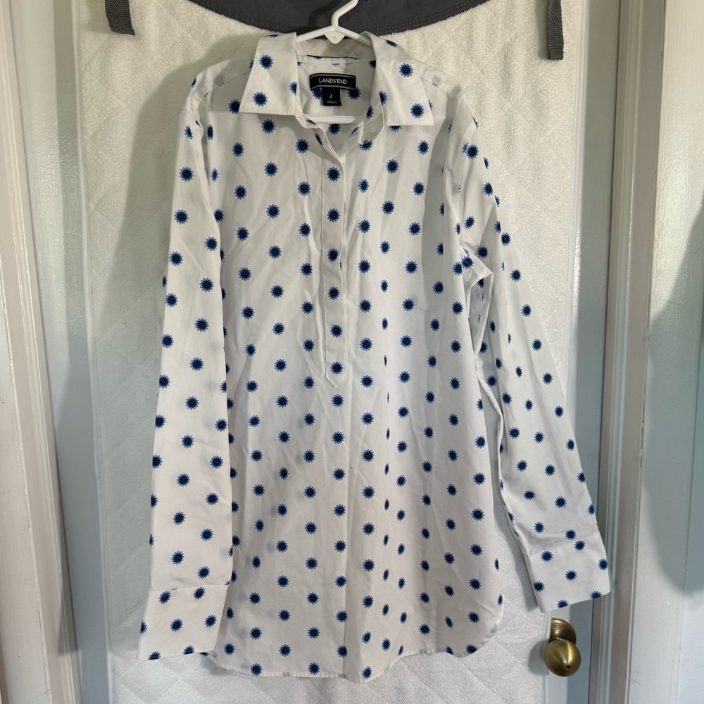 Lands' End White Blouse with Blue Floral Pattern